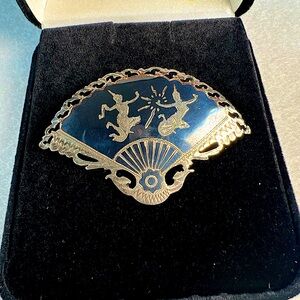 Vintage Siam Niello Sterling Silver Dancers Filigree Fan Brooch Pin Signed EUC